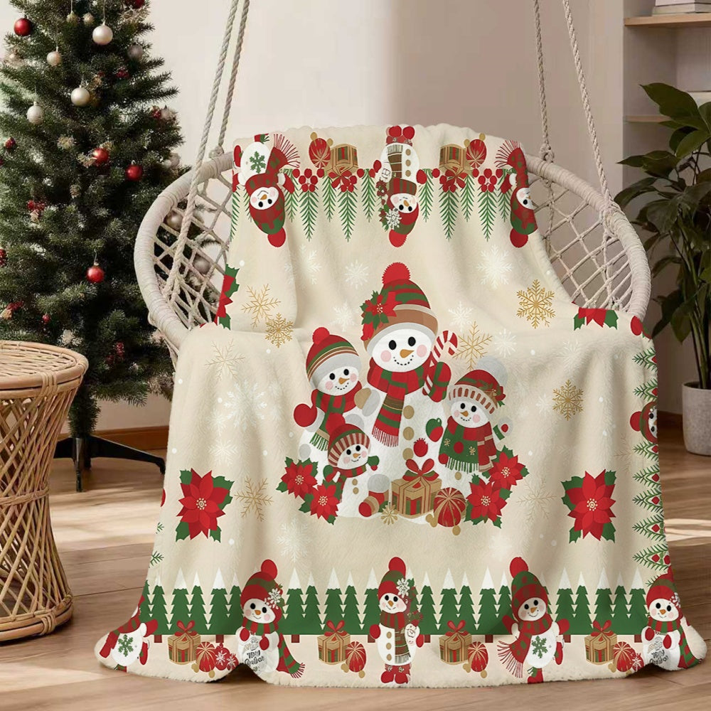 1 Christmas Snowman and Red Flower Pattern Flannel Blanket, Soft, Comfortable, and Warm, Beige and Red Design, All-season Universal Throw, Warm Cover Blanket, Multiple Sizes Available, Suitable for Living Room Sofas, Bedroom, Reading Nooks