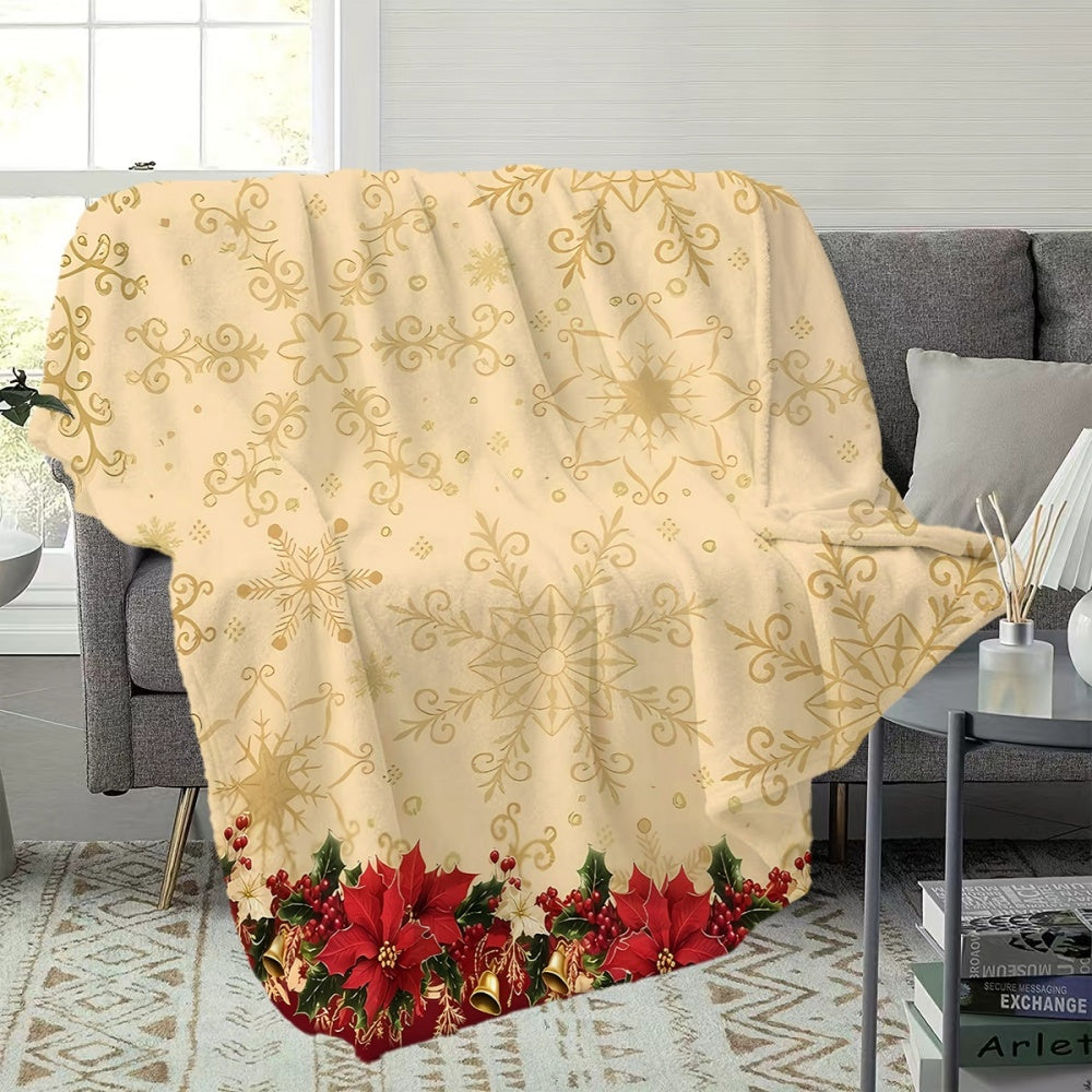 Christmas Red Floral and Golden Snowflake Pattern, Soft, Comfortable, and Warm Beige Flannel Blanket, All-season Universal Sofa Throw, Warm Cover Blanket, Suitable for Living Room Sofas, Bedroom, Leisure Reading, Holiday Decoration, and Home