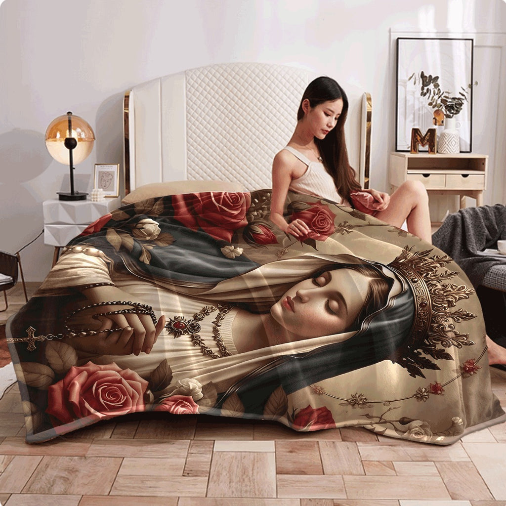 1pc Vintage Religious Virgin Mary Flannel Throw Blanket Soft Cozy with Crown Rosary Red Rose Print for Sofa Catholic Home Decor All-Season Warm Flannel Blanket