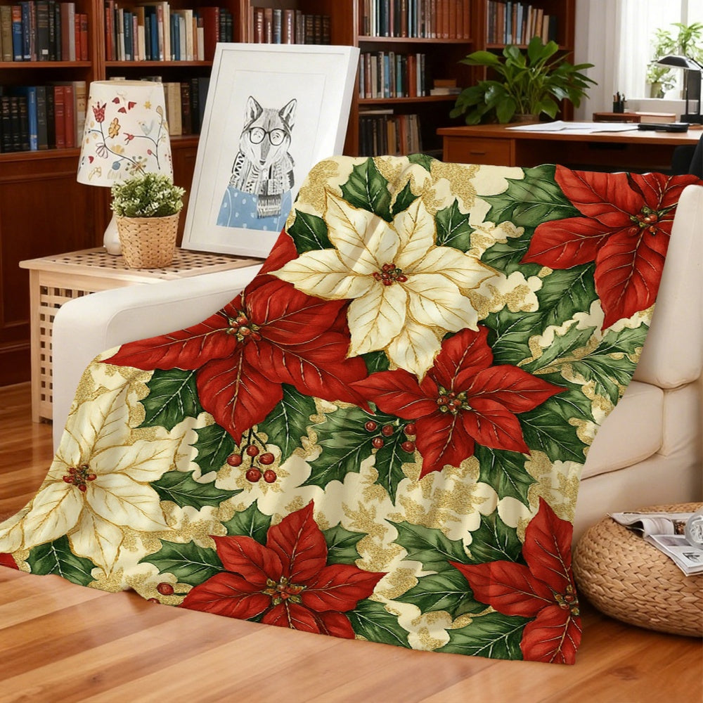 1pc Christmas Red White Golden Border Floral Pattern Flannel Blanket, Christmas Winter Body Blanket, Soft Plush All-Season Use, Suitable for Reading Time, Weekend Sofa Naps, And Dorm Life