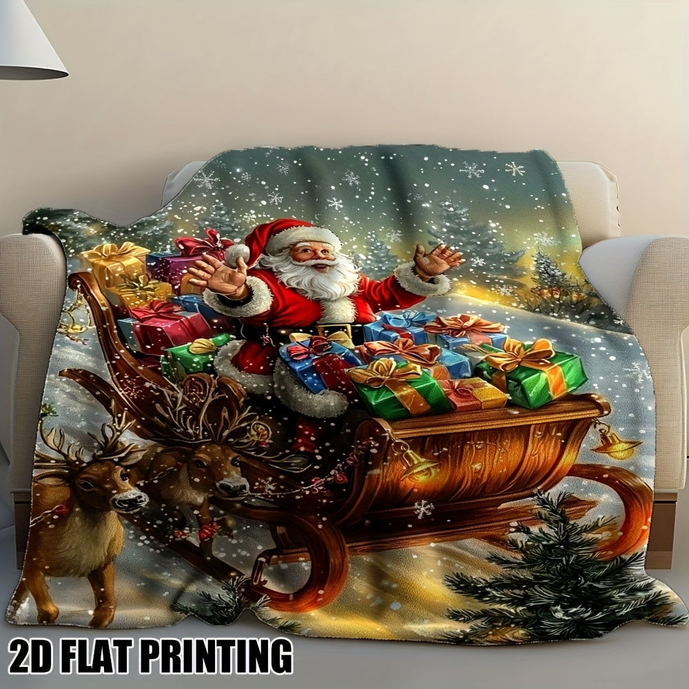 1pc Ultra-Soft 2D Flat Christmas Sleigh Trip Printed Flannel Blanket - Comfortable Double Size Sofa Blanket for, Sofa, Chairs, Office and Camping - Ideal Holiday Gift for All Seasons, 2D Flat