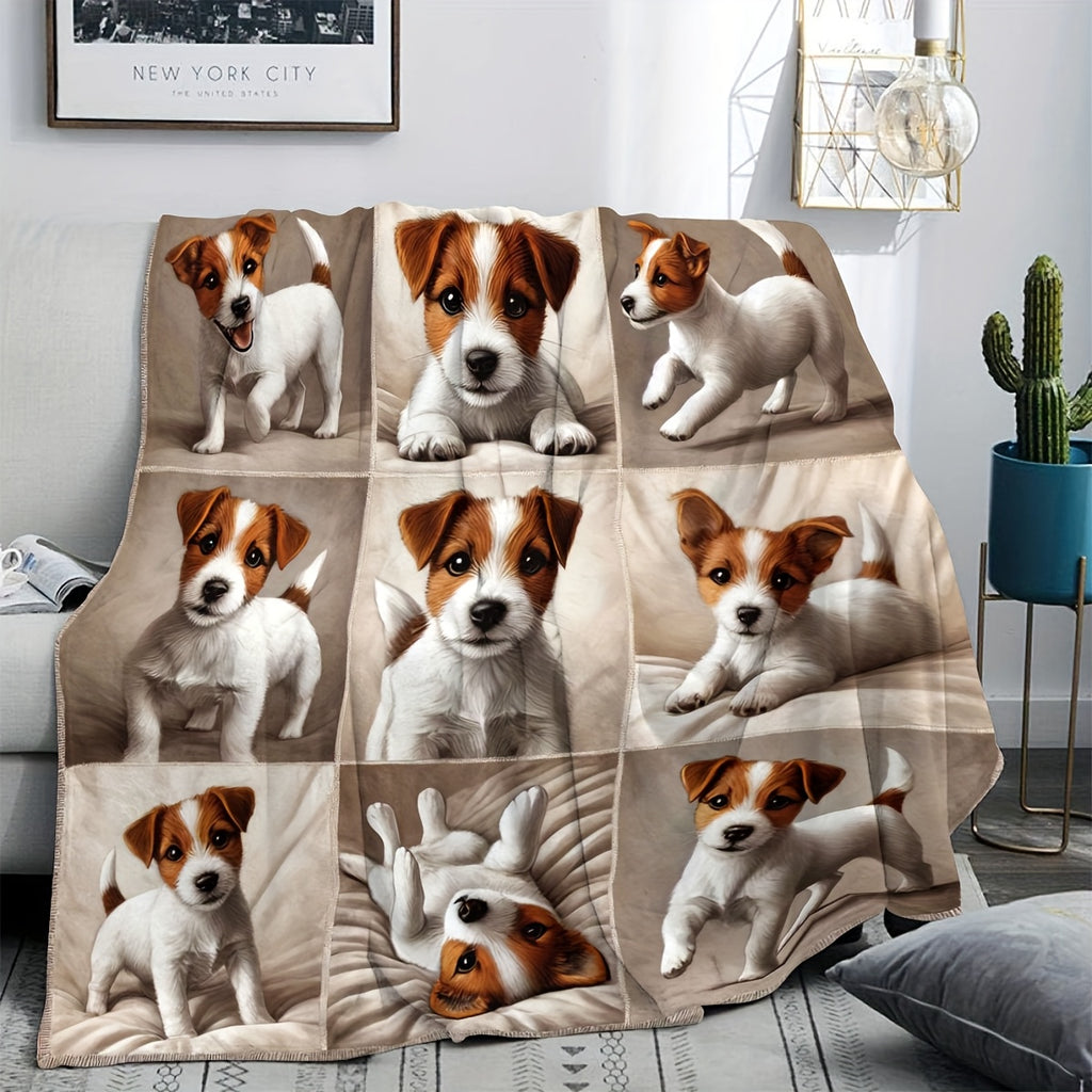 1pc Jack Russell Terrier Pattern Flannel Blanket, Soft Comfortable Warm, Beige And Brown Design, Durable Plush, All-Season Bed Blanket, Warm Cover, Multiple Sizes Available, Suitable for Living Room Sofa, Bedroom Bed, Reading Corner, Leisure Time