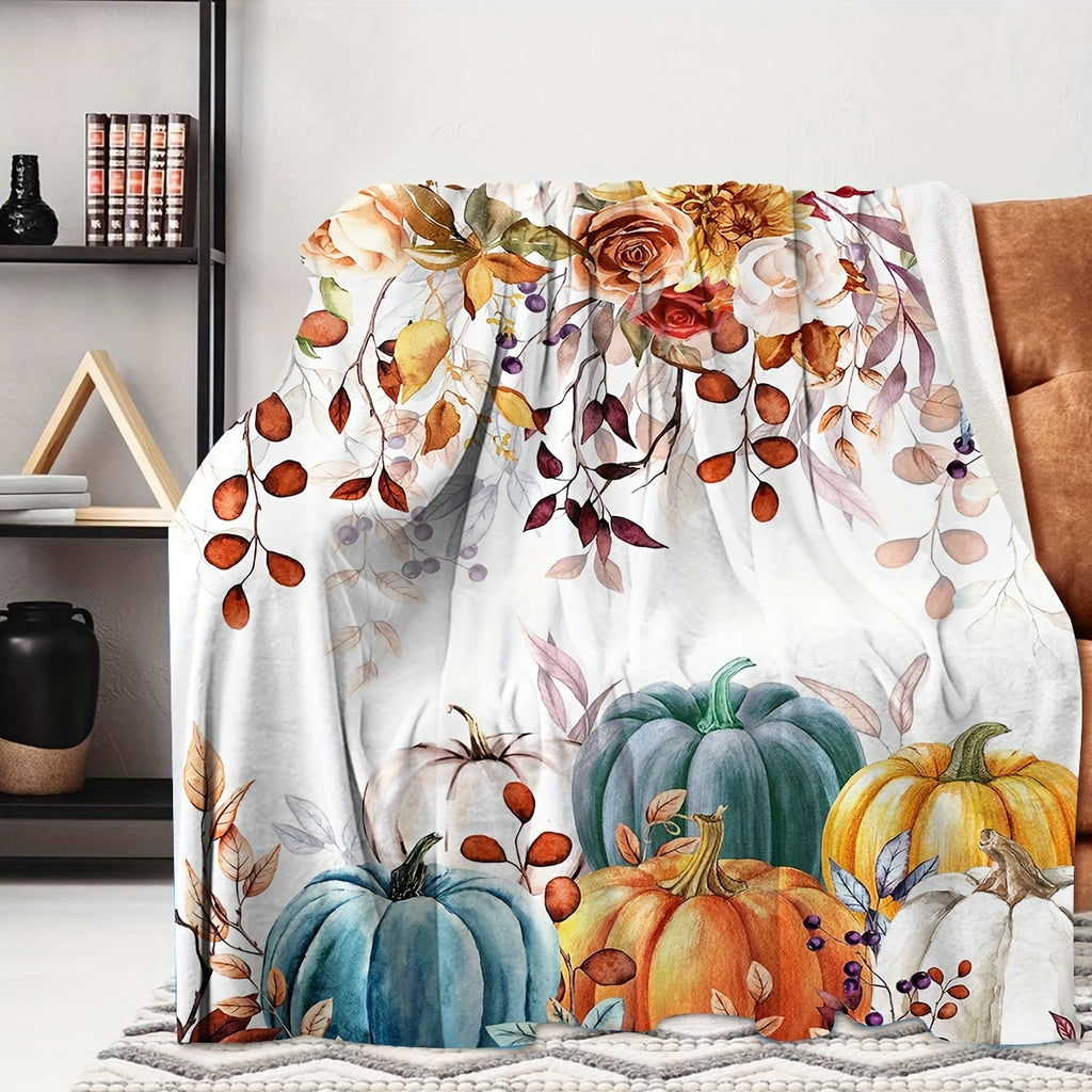 Contemporary Flannel Blanket Featuring a Pumpkin Design for Autumn, Providing Softness And Comfort Throughout The Year. This Versatile Printed Blanket Is Ideal for Travel, Camping, Use on Sofas And Beds, And for Decorating Office Spaces