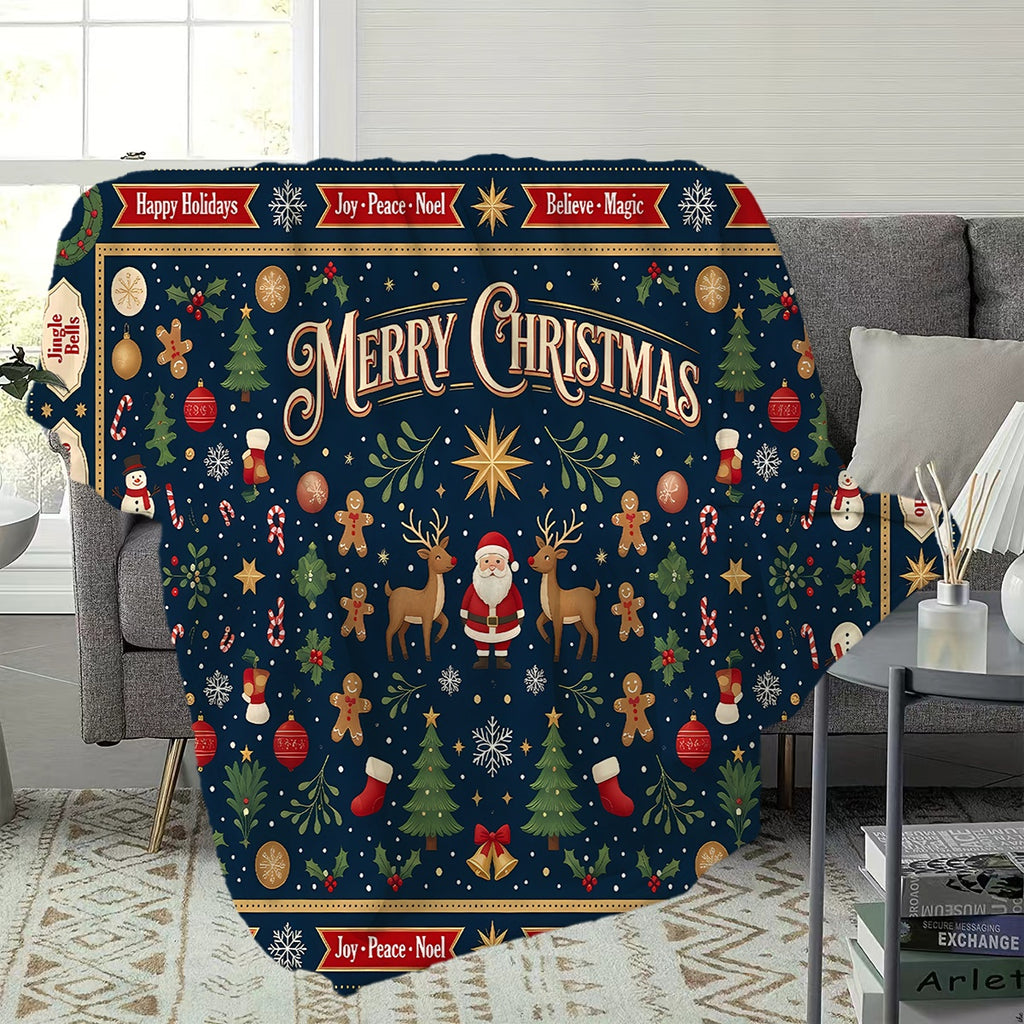 1pc, Santa And Reindeer Pattern Deep Blue Flannel Blanket, Soft Comfortable Warm, Festive Design, Durable Plush, All-Season Sofa Blanket, Warm Cover, Multiple Sizes Available, Suitable for Living Room Sofa, Bedroom, Reading Corner