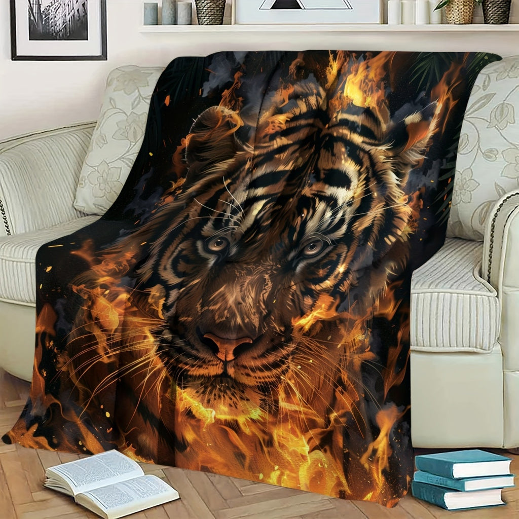 1pc 2D Flat Printing, Flame Tiger Pattern Blanket, Soft Fleece Blanket, Black And Orange Design, All Seasons, Warm Throw, Multiple Sizes Available, Suitable for Living Room Sofa, Bedroom, Reading Corner, Leisure Time, And Home Decor
