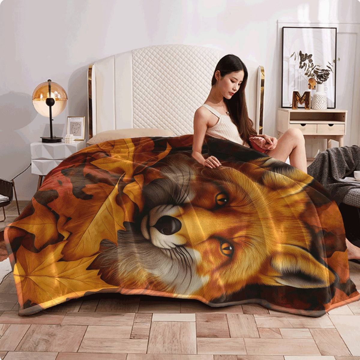 1pc Autumn Fox & Fall Leaves Throw Blanket Lightweight Flannel Sofa Spread with Reddish-Brown Fox Soft Warm All-Season Blanket for Couch Living Room Office Travel Cozy Home Decor Gift