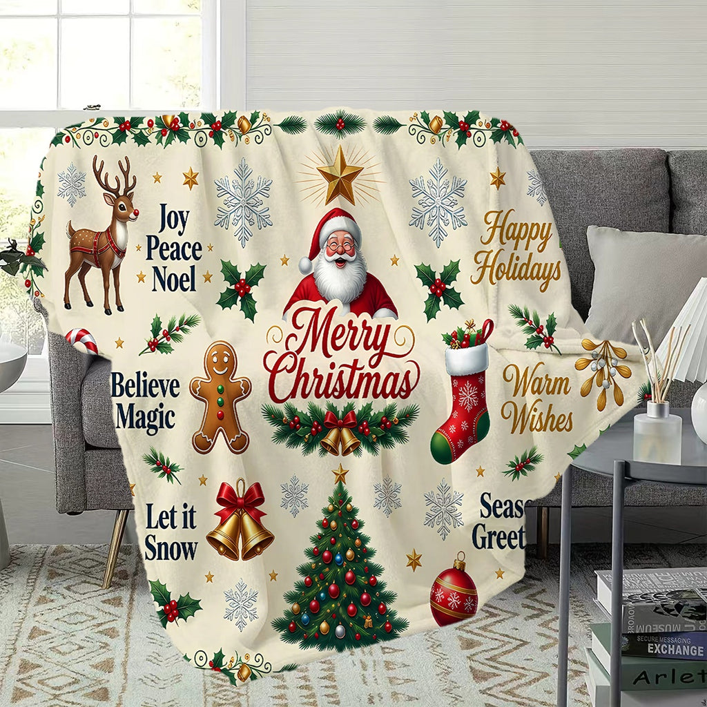 1pc, Santa And Reindeer Pattern Flannel Blanket, Soft Comfortable Warm, Beige Holiday Design, Durable Plush, All-Season Sofa Blanket, Warm Cover, Multiple Sizes Available, Suitable for Living Room Sofa, Bedroom, Reading Corner, Holiday Parties