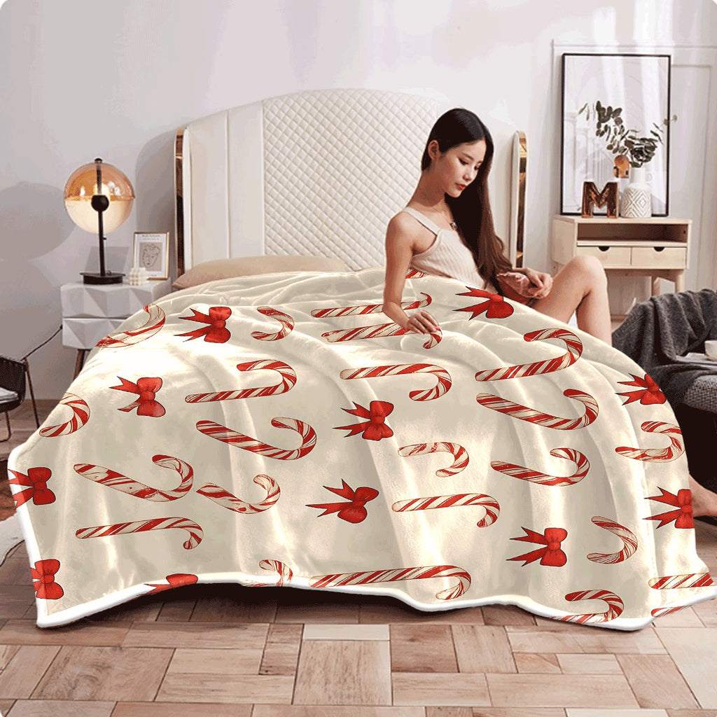 1pc Soft Flannel Blanket with Classic Christmas Candy Cane And Red Bow Print Cozy All-Season Warm Throw for Couch Sofa