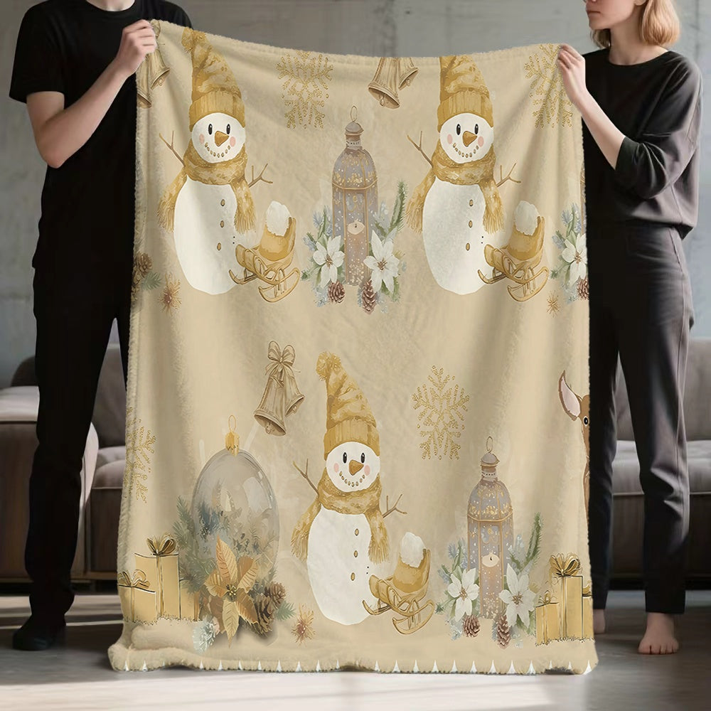 1pc Christmas Snowman And Bell Pattern Flannel Blanket, Soft Comfortable Warm, Beige Design, All-Season Blanket, Warm Cover, Multiple Sizes Available, Suitable for Living Room Sofa, Bedroom, Reading Area, Rest Area, And Leisure Area