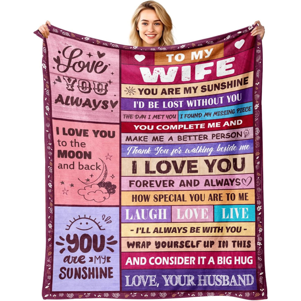Gifts for Wife from Husbend- Anniversary Wedding Gifts for Women- Best Wife Birthday Gift Ideas- Christmas Mothers Valentines Day Romantic I Love You Gift for Her- to My Wife's Blanket 60x80