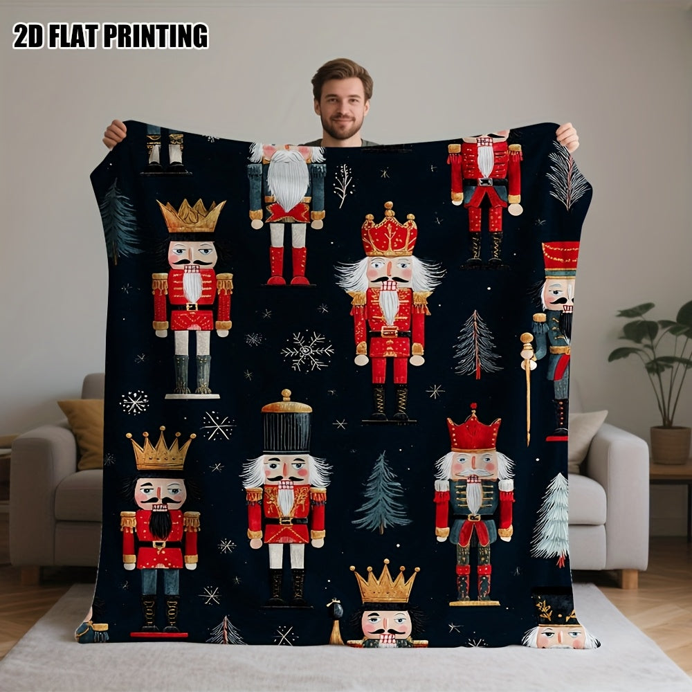 1pc 2D Flat Printed Christmas Double-sided Universal Blanket, Nutcracker Christmas Soldier, 100% Polyester Fabric Teachers' Day Gift, Suitable for a Wide Range of Scenarios, Very Suitable for Sofas, Naps, Air-conditioned Rooms, Camping, 2D Flat