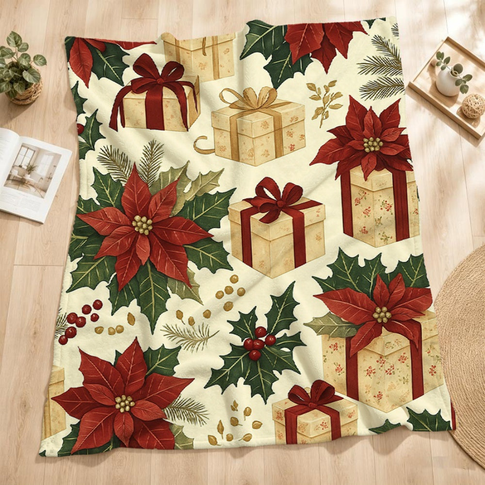 1pc Christmas Red Green Floral And Gift Box Pattern Cream Flannel Blanket, Festive Warm Design, Soft Plush All-Season Use, Suitable for Weekend Sofa Naps, Living Room Sofa Cover And Holiday Home Decor