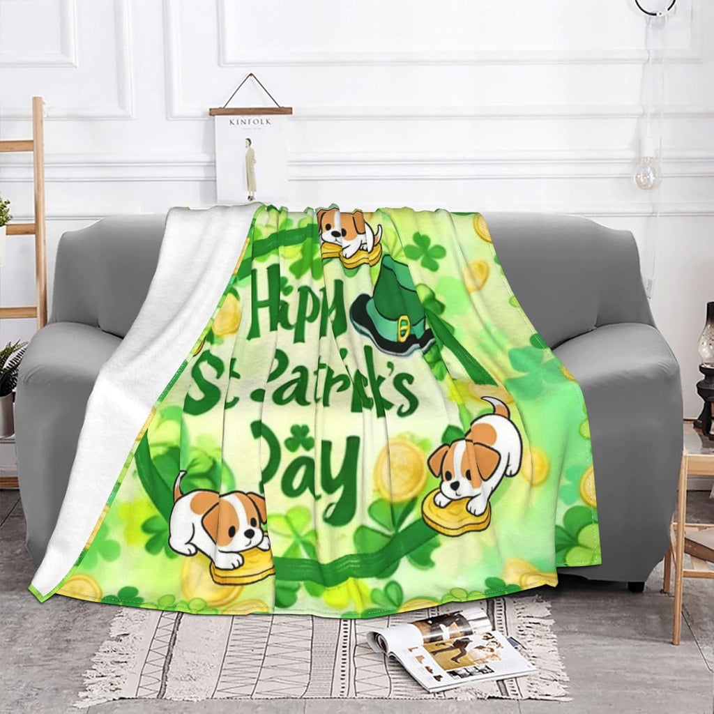 St. Patrick's Day Blanket St. Patrick's Day Gree Shamrock Dog Hat Golden Coin Throw Blankets Flannel Throw for Sofa Couch 60X50