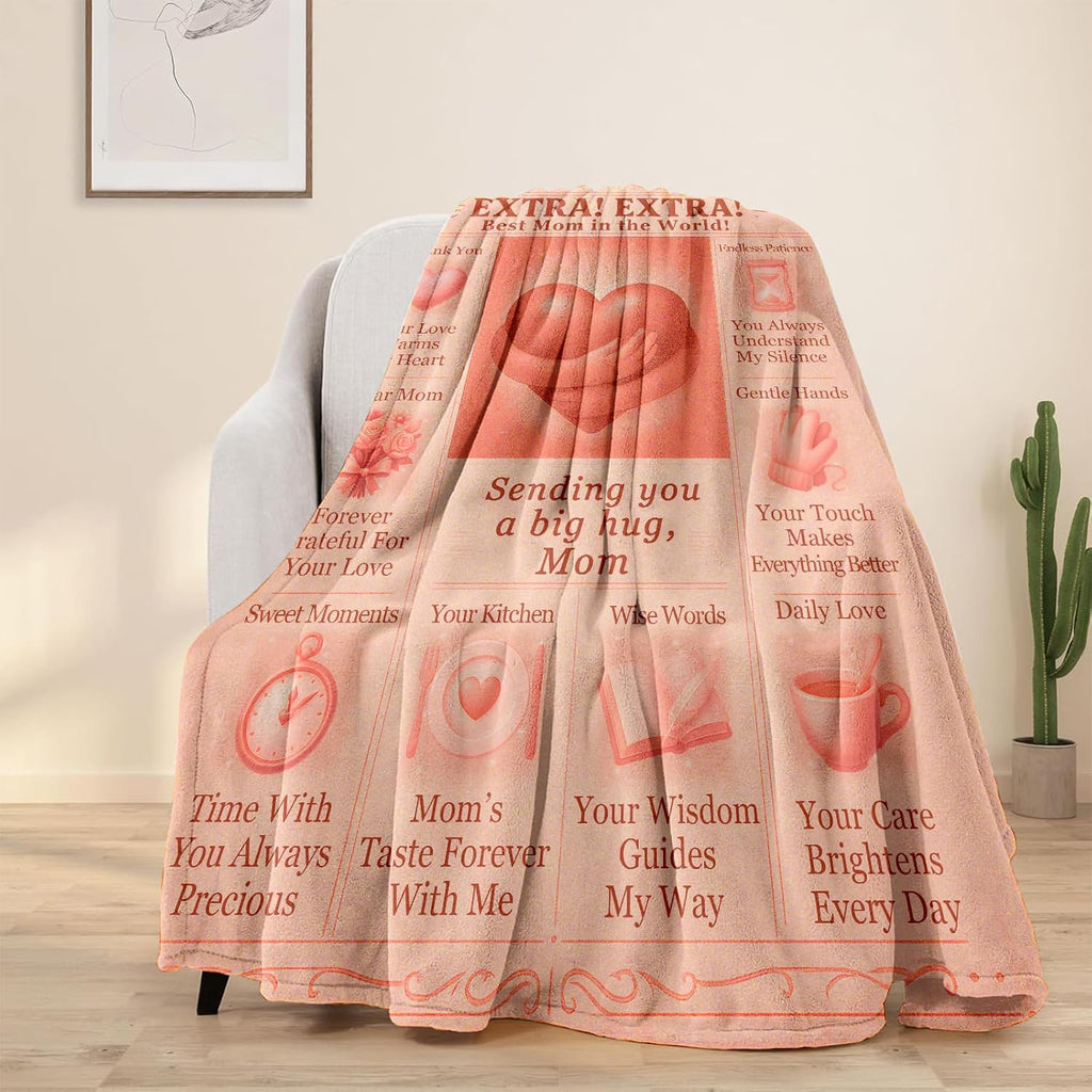 Mom Blanket Gifts- Cozy Flannel Throw Blanket 60x50 for Birthday Gifts, Thoughtful Gifts from Daughter or Son, Warm Hug Blanket with Sweet Message for Best Mom Ever