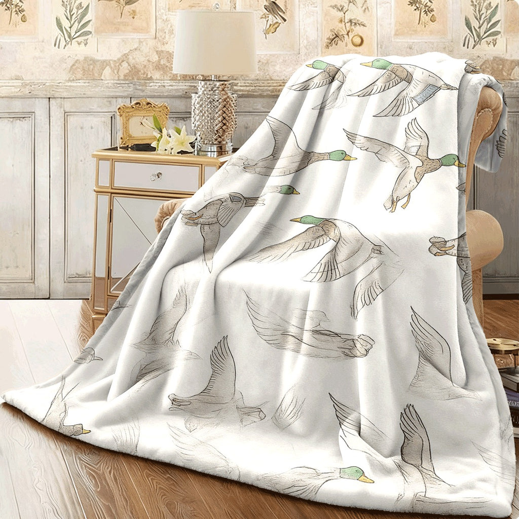 1pc Elegant Green Head Duck Flannel Blanket Soft Warm and Tear-Resistant Nature-Inspired Design with Colorful Ducks in Flight Perfect for Living Room Room or Camping All-Season Use Light