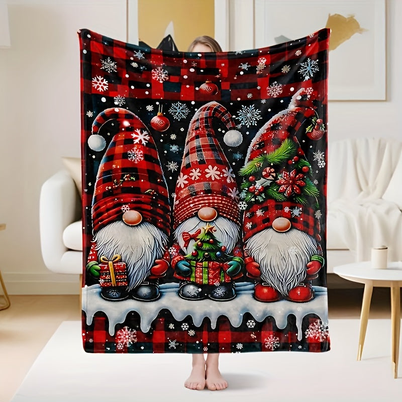 1pc Christmas Gingerbread Man And Snow Sprite Pattern Black Red Main Color Flannel Large Blanket, Multi-Size Full-Size Blanket, Christmas Winter Decor Design, Suitable for Holiday Home Decor, Reading Time, Dorm Life