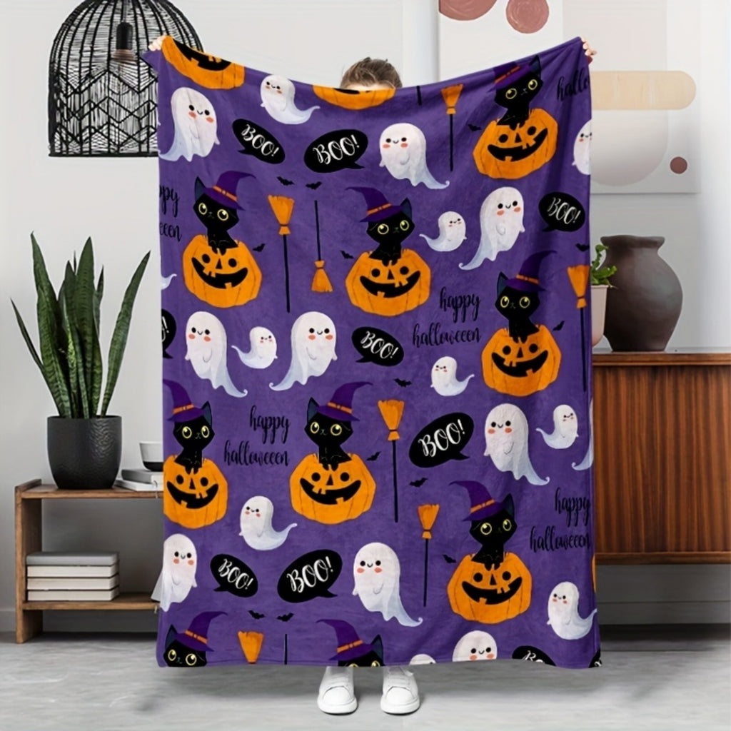1pc 2D Flat Print Halloween Cat Pumpkin Pattern Blanket, Soft Flannel Throw, Purple Cartoon Design, All-Season Warm Cover Blanket, Multiple Sizes Available, Suitable for Living Room Sofa, Bedroom, Reading Nook, Holiday Parties, and Leisure Time