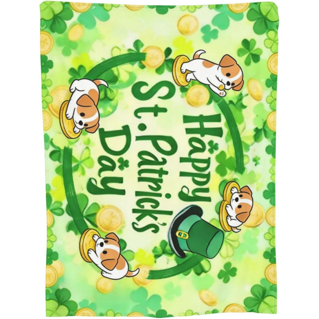 St. Patrick's Day Blanket St. Patrick's Day Gree Shamrock Dog Hat Golden Coin Throw Blankets Flannel Throw for Sofa Couch 60X50