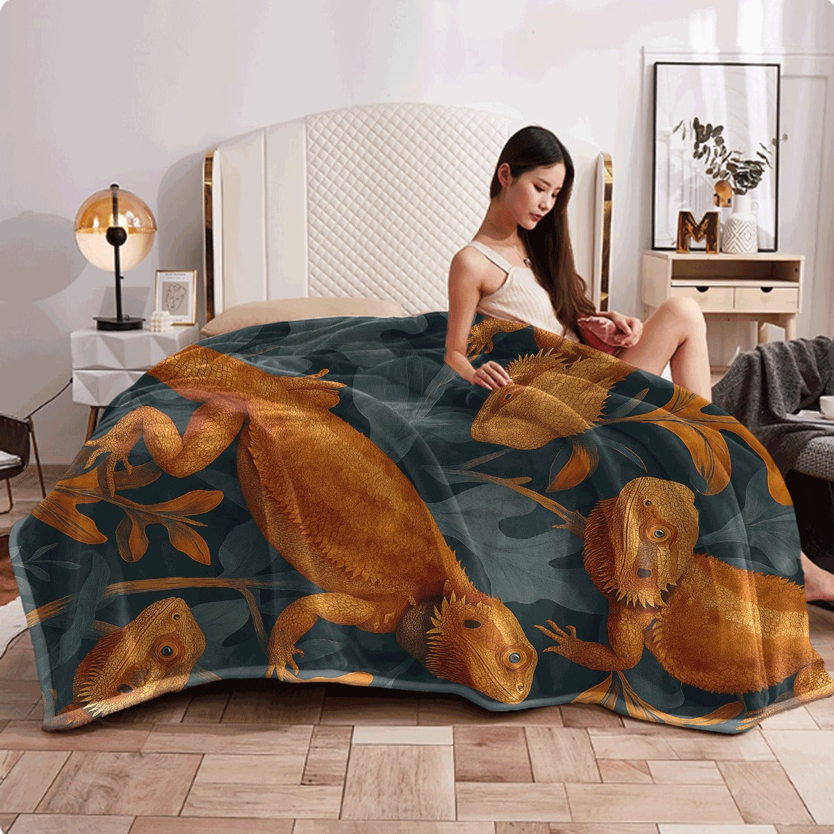1pc Flannel Blanket with Warm Orange Bearded Dragons And Leafy Patterns Dark Blue Background Soft Cozy Fabric for Home Decor Couch Sofa All-Season Comfortable Throw