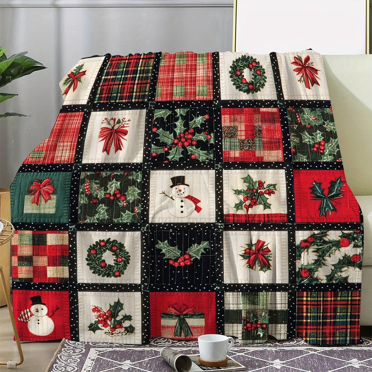 1 Cozy Flannel Christmas Blanket with Snowman and Red Berry Prints - Soft, Warm, and Cozy, Suitable for Sofas, Cars, Offices, Camping, Travel - an Ideal All-season Gift for Christmas Decorations