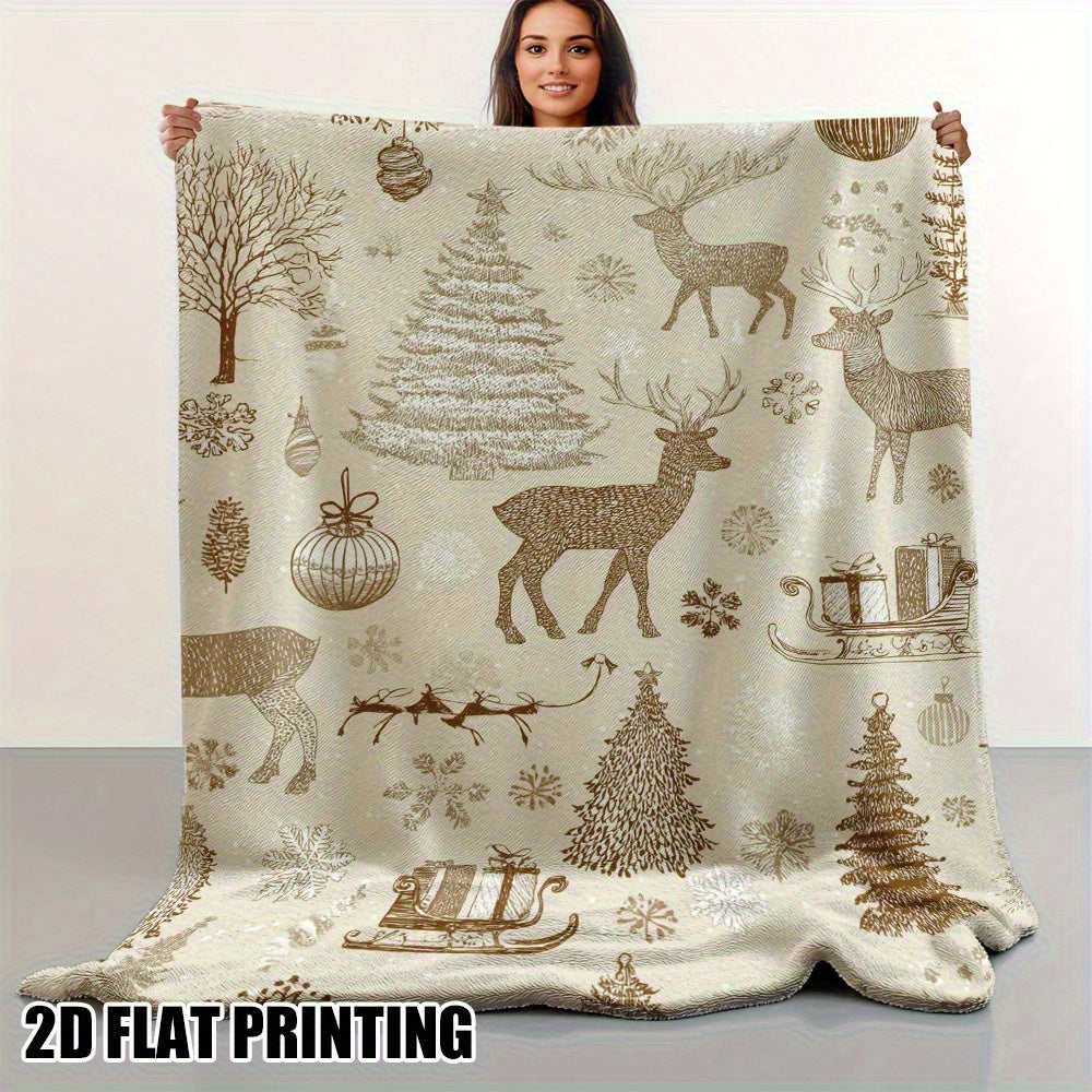 Ultra-Soft Beige Golden Christmas Blanket - Vintage Winter Reindeer Snowflake Pattern - All-Season Indoor And Outdoor Sofa Cover, Camping Home Decor - Luxurious Flannel Cover Or Decorative Blanket, Cozy Festive Atmosphere