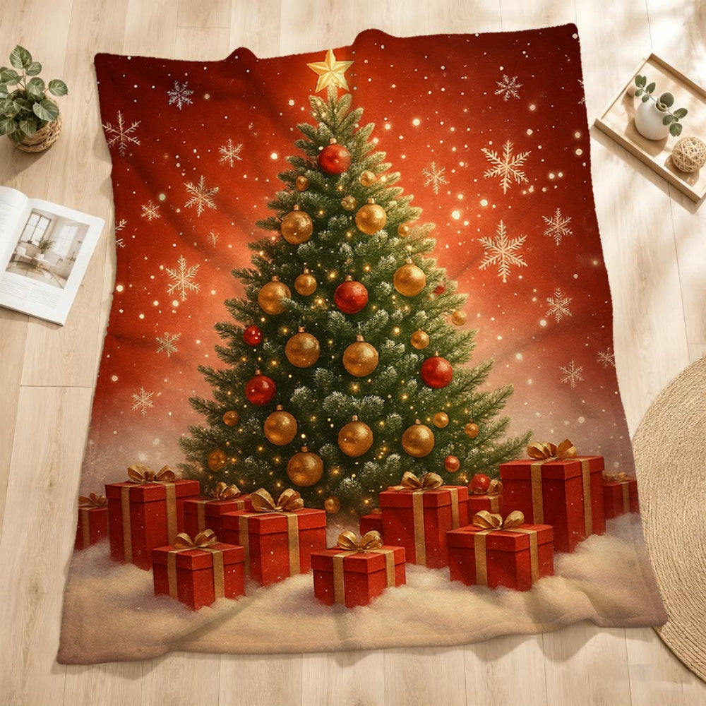 1pc Christmas Red Pine Tree And Gift Box Pattern Flannel Blanket, Festive Warm Decor Design, Soft Plush All-Season Use, Suitable for Weekend Sofa Naps, Home Leisure, And Entertainment
