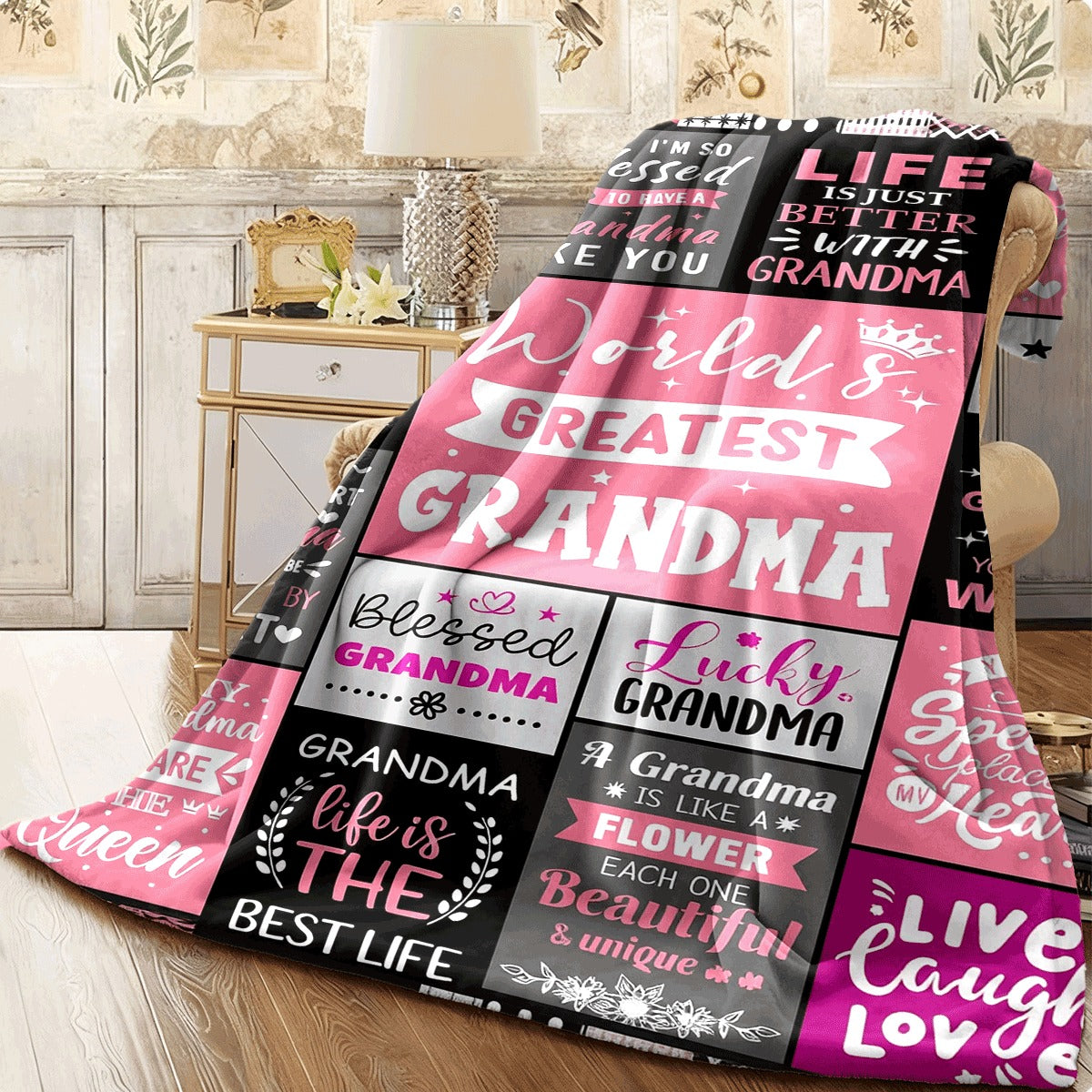 1pc Extra Large 60x80 Inches Soft Polyester Throw Blanket Grandma Birthday & Christmas Gift with Heartfelt Messages ( World's Greatest Grandma & Blessed Like Grandma) Pink & Black Plaid All-Se