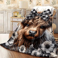 1pc an Adorable Highland Cow Plaid Throw Featuring a Bow Design, with a Black And White Butterfly And Floral Pattern. This Stylish, Cozy, And Warm Blanket Is Perfect for Any Season And Makes a Versatile Gift