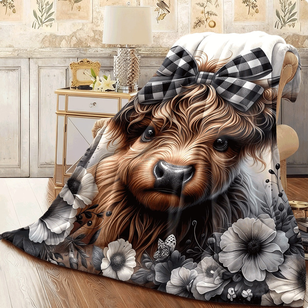 1pc an Adorable Highland Cow Plaid Throw Featuring a Bow Design, with a Black And White Butterfly And Floral Pattern. This Stylish, Cozy, And Warm Blanket Is Perfect for Any Season And Makes a Versatile Gift