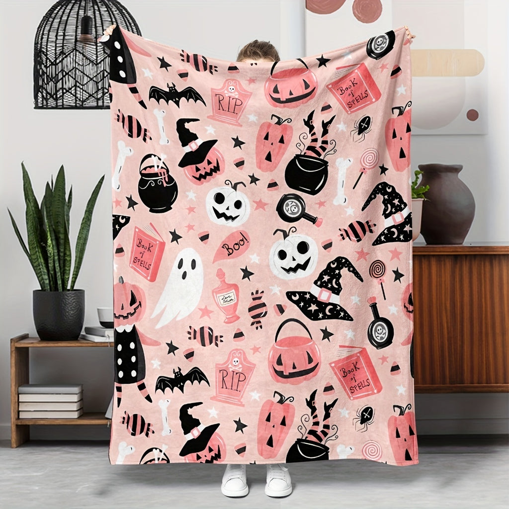 1pc 2D Flat Printing, Halloween Pumpkin And Witch Hat Pattern Blanket, Soft Fleece Throw, Pink And Black Design, All-Season Warm Cover, Multi-Size Available, Suitable for Living Room Sofa, Bedroom Bedside, Reading Nook