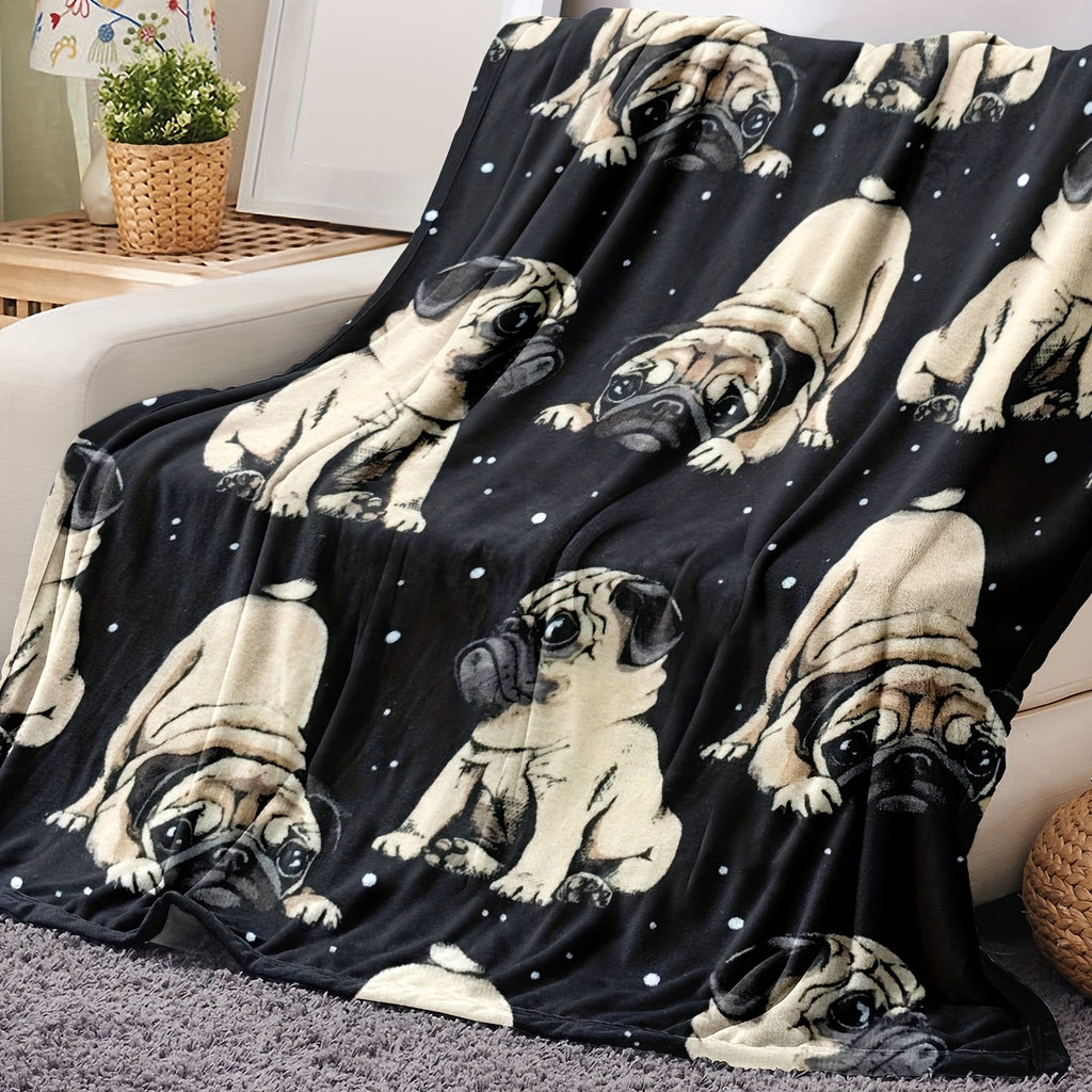 1pc 2D Flat Print Pug Dog Starry Sky Themed Blanket, Soft Flannel Blanket¡ªblack Starry Sky Design, Multiple Sizes Available, Suitable for Living Room, Bedroom, Sofa, Couch, and Reading Area, 2D Flat