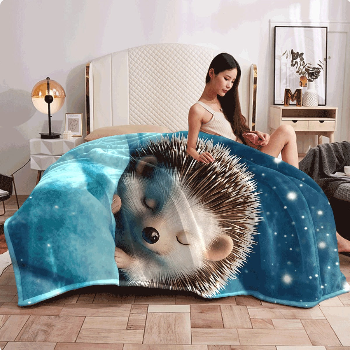 1pc Bohemian Style Hedgehog Print Fleece Blanket Soft Thick All-Season Blue Starry Night Design Machine Washable for Bedroom Living Room & Outdoor Travel Perfect for Nature & Animal Lovers Plush Home Decor