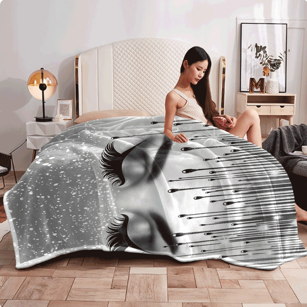 Fluffy Blanket, Shiny Silvery Eyelashes Print White Throw Blanket, Barefoot Bream Blanket, for Sofa Living Room Room Decoration, Winter Warm Blanket, 1pc