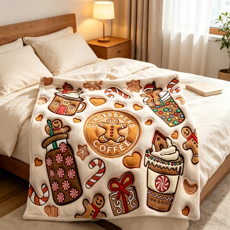 1pc Gingerbread Man And Hot Drink Christmas Theme Beige Flannel Oversized Blanket, Festive Decor Design, Large Plush Throw Blanket, Suitable for Living Room Sofa Cover, Weekend Sofa Nap, Seasonal Home Use