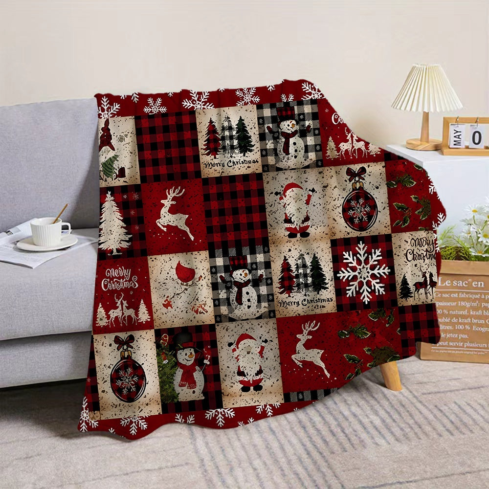 1pc Christmas Snowman And Reindeer Pattern Flannel Blanket, Soft Comfortable Warm, Red And Black Plaid Design, All-Season Blanket, Warm Cover, Multiple Sizes Available, Suitable for Living Room Sofa, Bedroom, Reading Corner, Holiday Decor