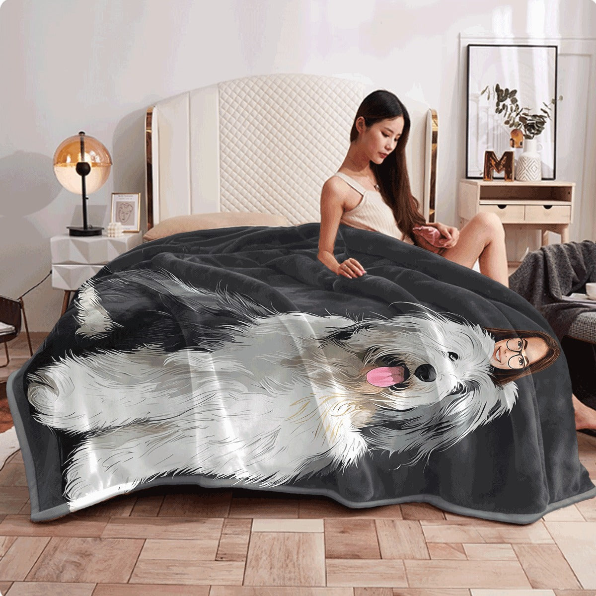 1pc 1pc a Soft Single-Sided Printed Blanket Featuring Bearded Collie Dog Clipart Designed with Detailed Stylized Vectors Ideal for Use in Offices Rooms And Living Rooms Model AH817B