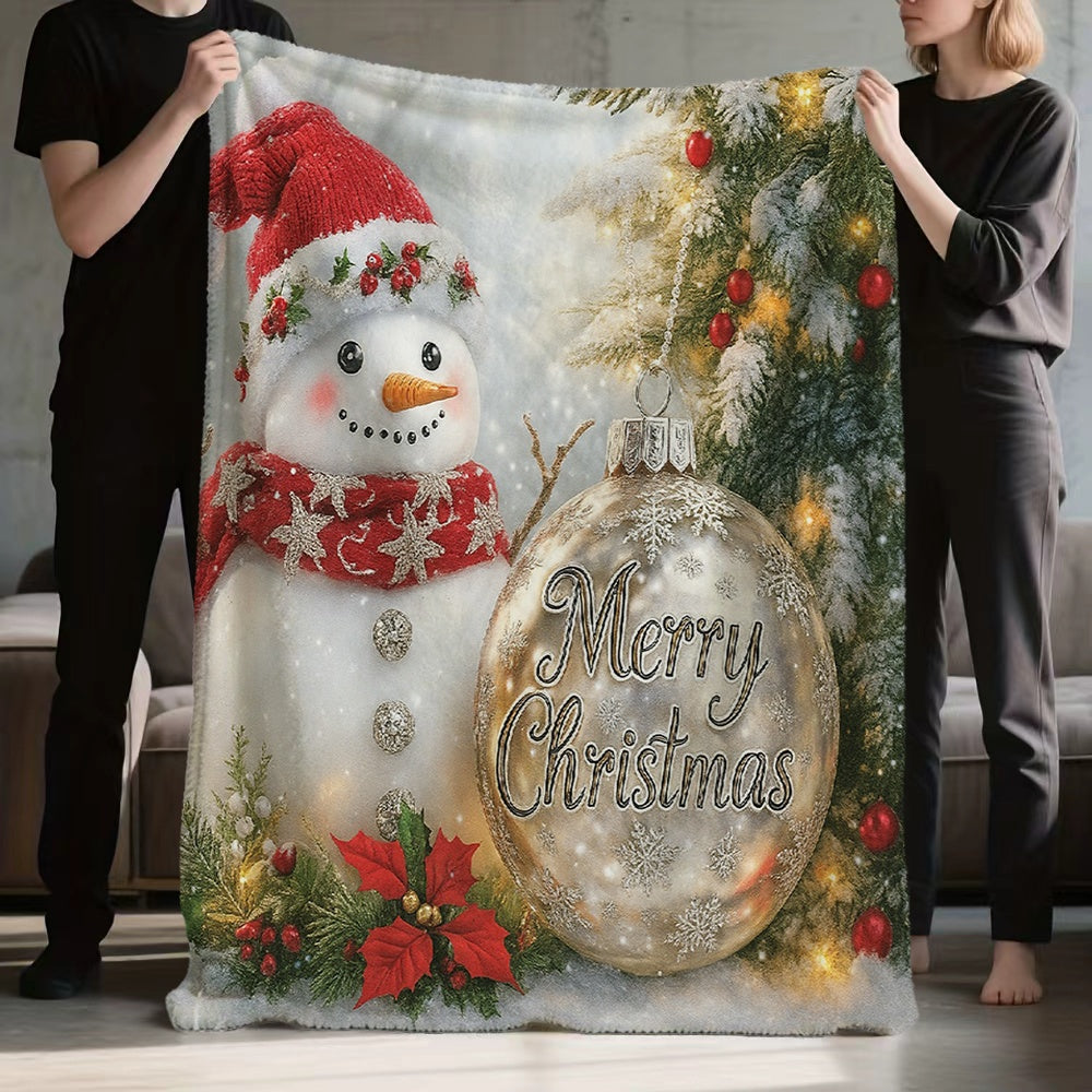 1pc, 2D Flat Snowman And Christmas Ball Pattern Flannel Blanket, Soft Comfortable Warm, White Holiday Design, Durable Plush, All Seasons, Warm Cover, Suitable for Bedroom Bed End Decor, Weekend Sofa Nap, Dormitory Life