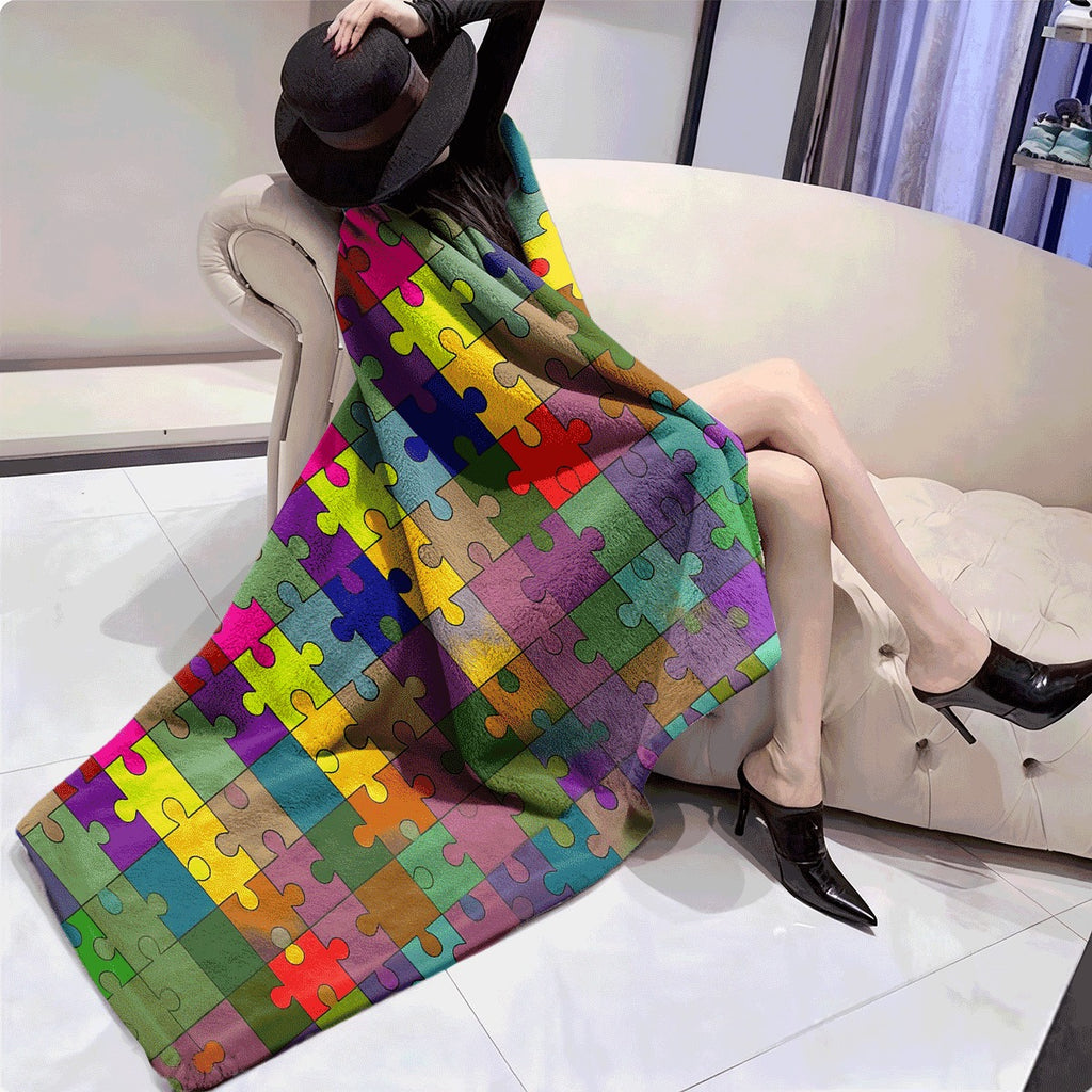 One Colorful Puzzle Design Flannel Blanket, Soft And Versatile, Perfect for Use on a Sofa, During Camping, While Traveling, Or As a Gift, Featuring Bright Mixed Colors for Year-Round Comfort