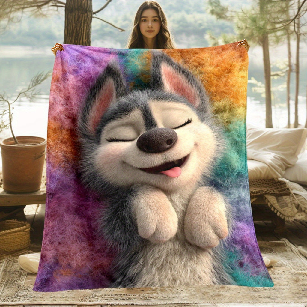 1pc Joyful Husky Print Blanket - Soft Polyester, All-Season Comfort Blanket for Home, Office, Travel, Camping | Vibrant Color Design, Camping Blanket|Playful Dog Design|Polyester Fiber, Husky