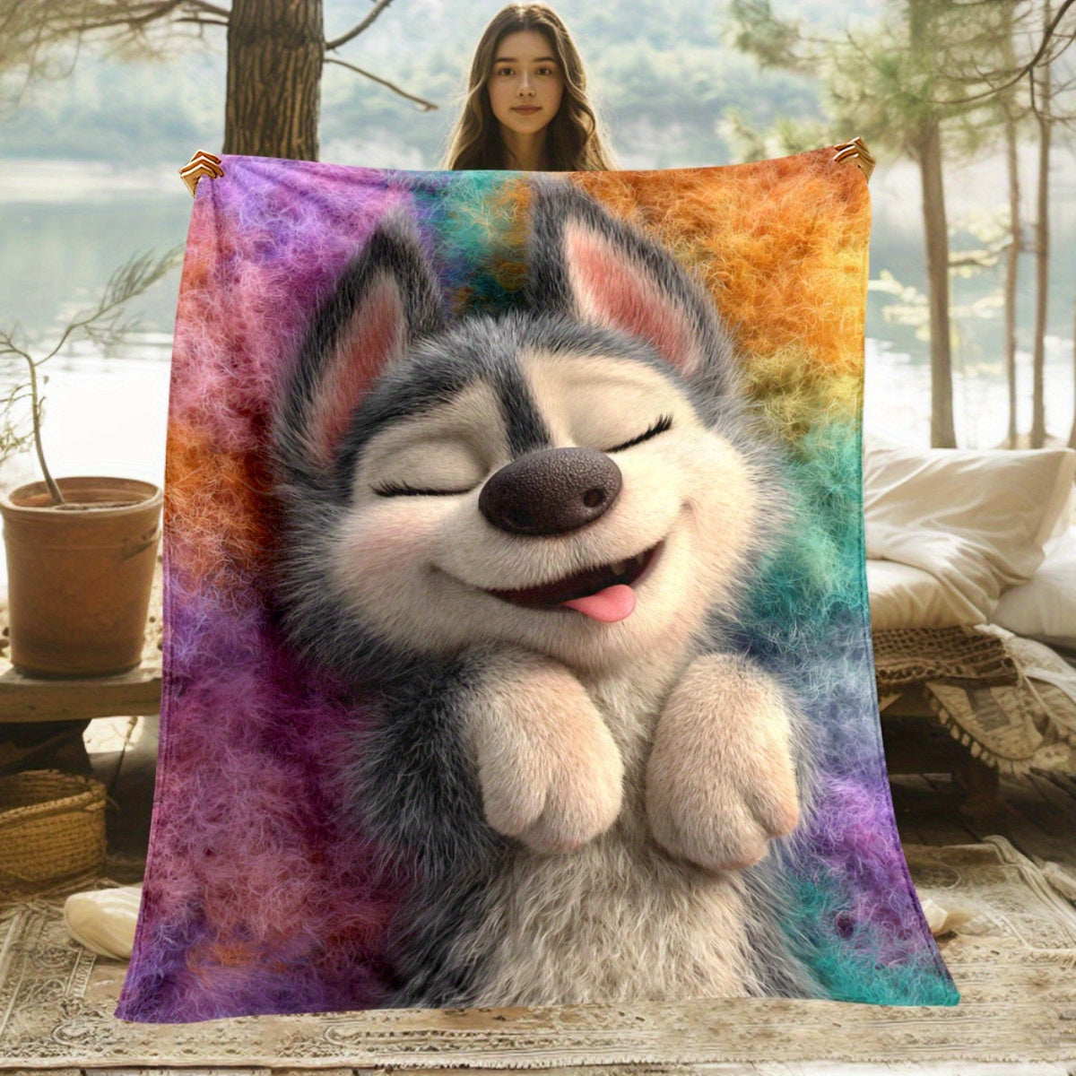 1pc Joyful Husky Print Blanket - Soft Polyester, All-Season Comfort Blanket for Home, Office, Travel, Camping | Vibrant Color Design, Camping Blanket|Playful Dog Design|Polyester Fiber, Husky