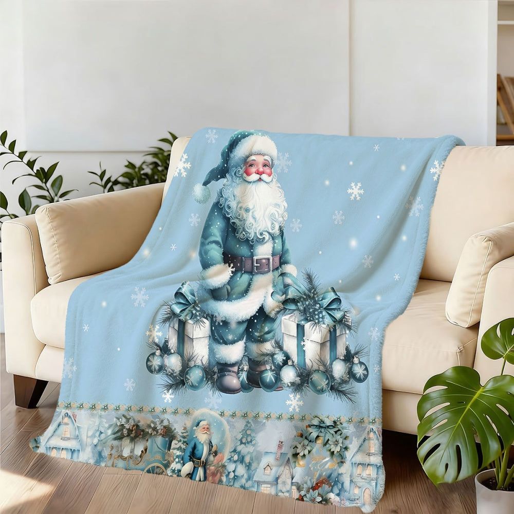 1pc Santa Claus And Gift Box Pattern Blue Flannel Blanket, Soft Comfortable Warm, Winter Design, All-Season Blanket, Warm Cover, Multiple Sizes Available, Suitable for Living Room Sofa, Bedroom, Reading Area, Rest Area, And Holiday Decor