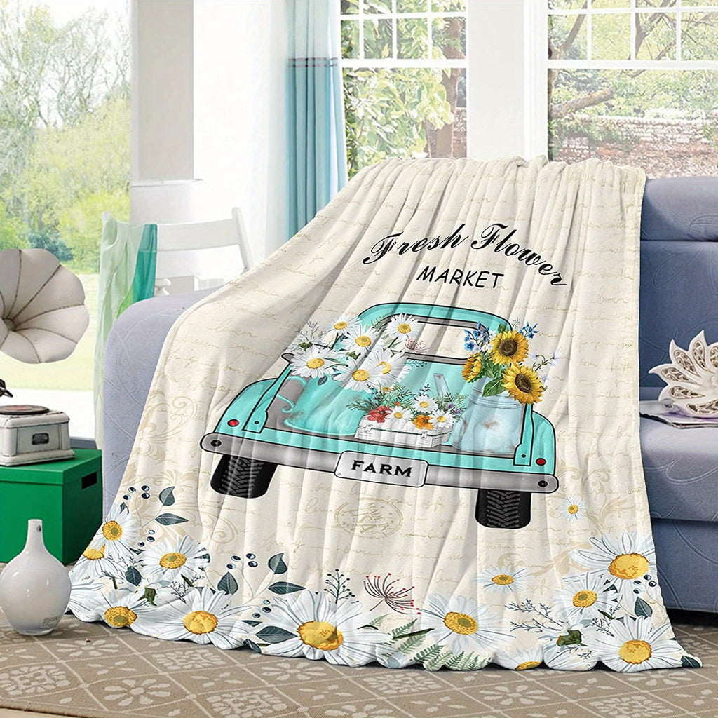 Vintage Blue Green Truck & Daisy Floral Plush Throw Blanket - Soft Warm All-Season Machine Washable Multi-Use for Bed, Sofa, Car, Office, Cozy Home Decor, Throw Blanket for Bed, Sofa Accessory, Rustic Charm, Soft Texture