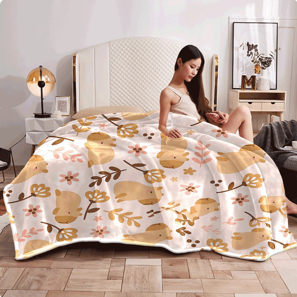 1pc Cute Capybara with Floral Pattern Flannel Blanket Soft Pink Background Throw for Couch Cozy Warm Fleece All-Season Blanket