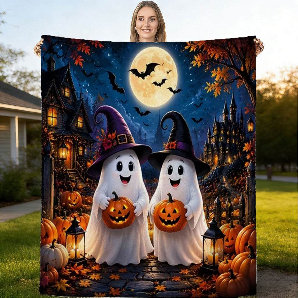 1pc Halloween Fleece Blanket, Soft Comfortable Throw Blanket with Pumpkin Ghost Bat Moon Pattern, Suitable for Office, Sofa, Living Room, Warm Decorative Item, Home Holiday Decor Gift