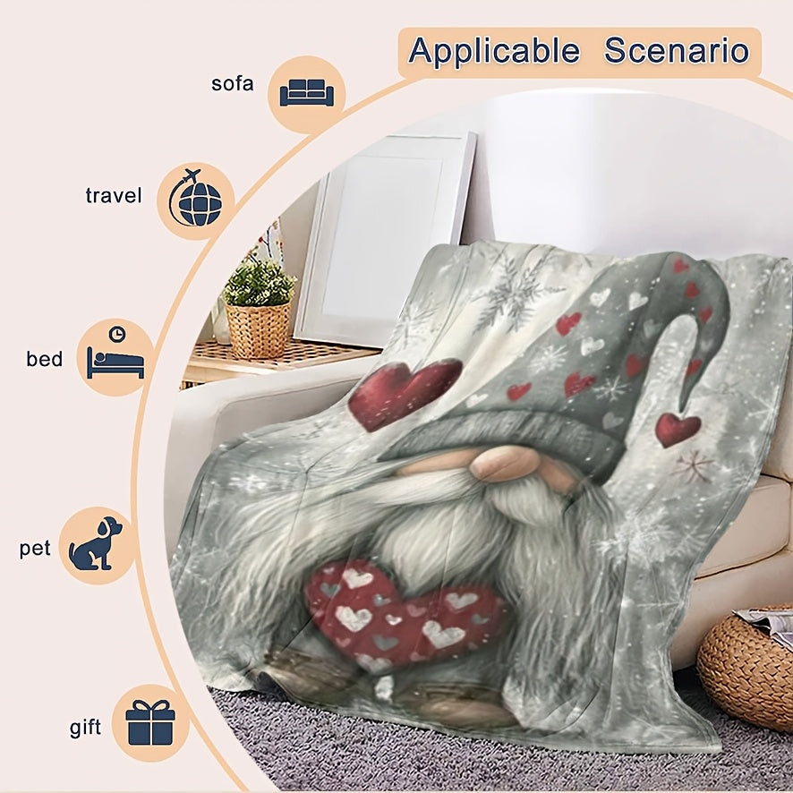 1pc Charming Christmas Gnome Flannel Blanket - Fantasy Theme with Playful Gnomes, Hearts, and Snowflake Patterns, All-season Machine-washable Polyester Fiber, Multi-purpose for Home Decor, Camping, Travel, Office - Mixed Colors, Travel Blanket |