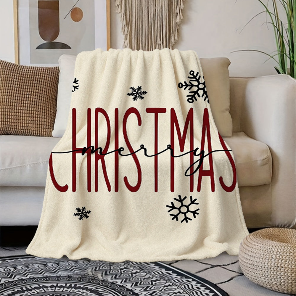 1pc of Christmas Merry CHRISTMAS Themed Cream Beige Flannel Blanket, Featuring a Festive and Cozy Design. Soft Plush Surface, Suitable for All Seasons. Ideal for Reading Time, Office Naps, and Weekend Sofa Lounging