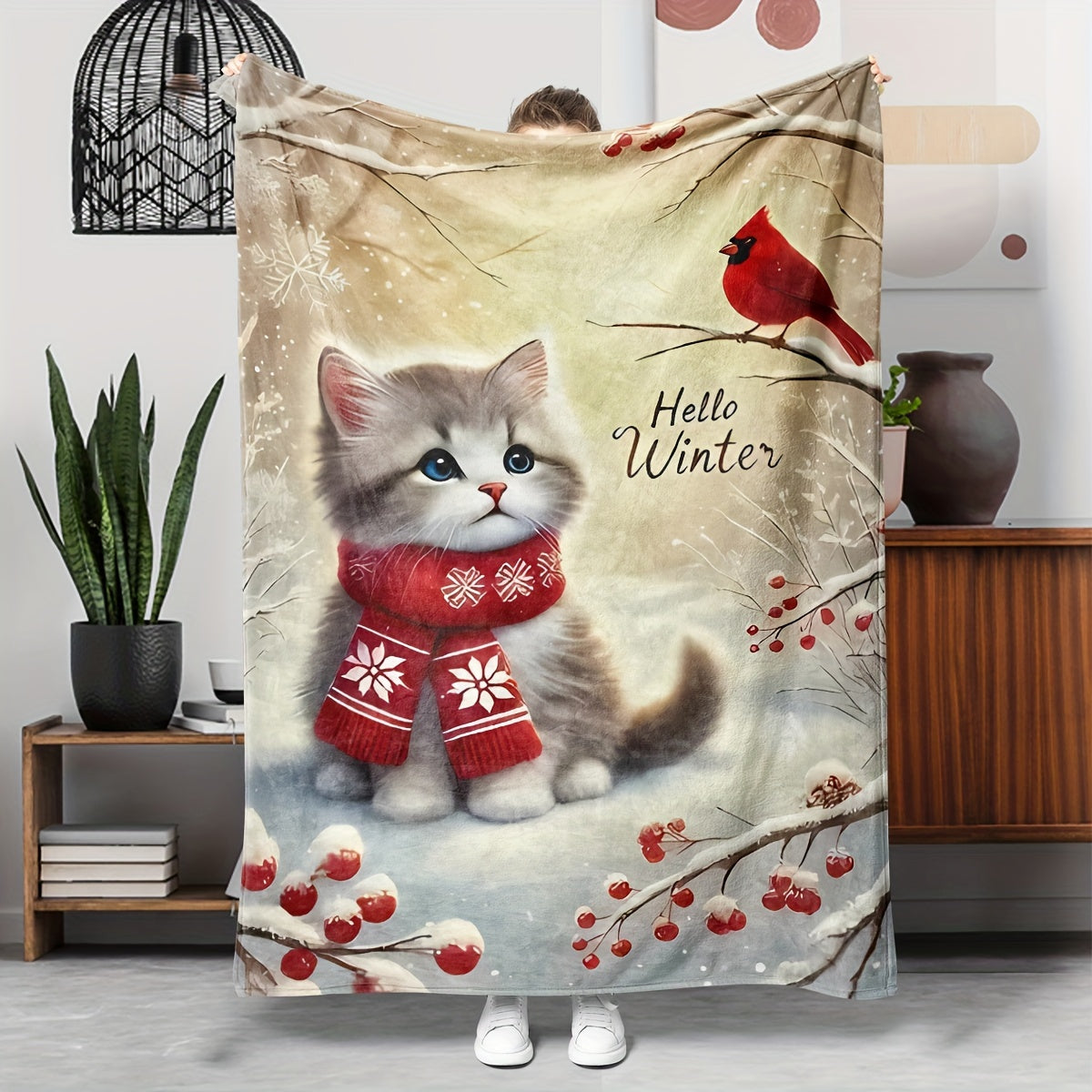 Hello Winter Cozy Flannel Throw Blanket Featuring a Cat And Cardinal Design, Soft And Warm for Use on a Couch,, Or in The Office - Suitable for All Seasons, Hypoallergenic, And Machine Washable