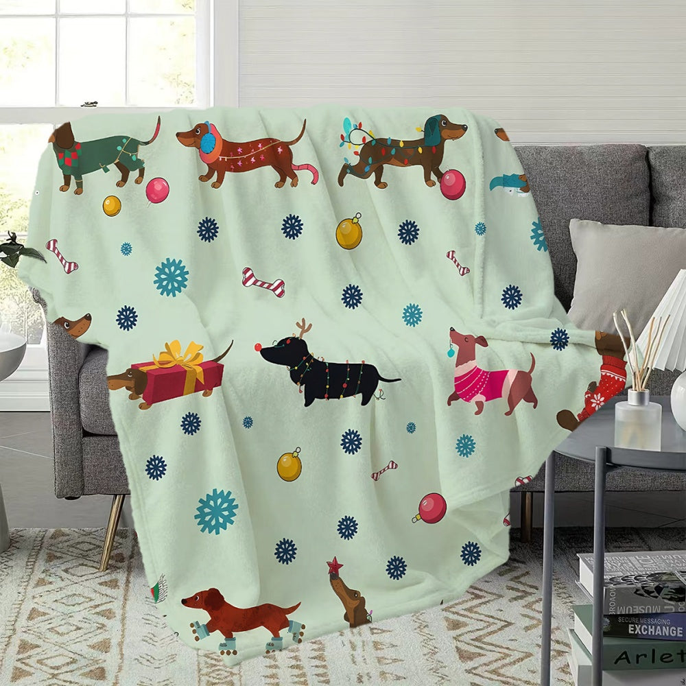 1pc Christmas Dog-Themed Flannel Blanket, Soft Comfortable Warm, Light Green Design, All-Season Blanket, Warm Cover, Multiple Sizes Available, Suitable for Living Room Sofa, Bedroom, Office Rest, Reading Time, And Holiday Decor