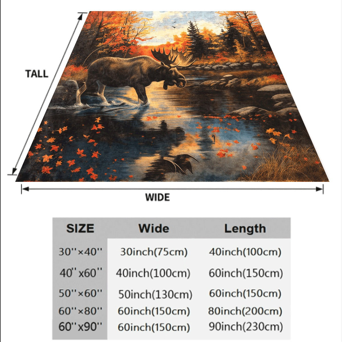 1pc Soft Flannel Blanket Autumn Landscape with Moose by Stream, Orange Red Fall Trees And Flying Birds Print, Cozy All-Season Sofa Bed Throw for Nature Lovers