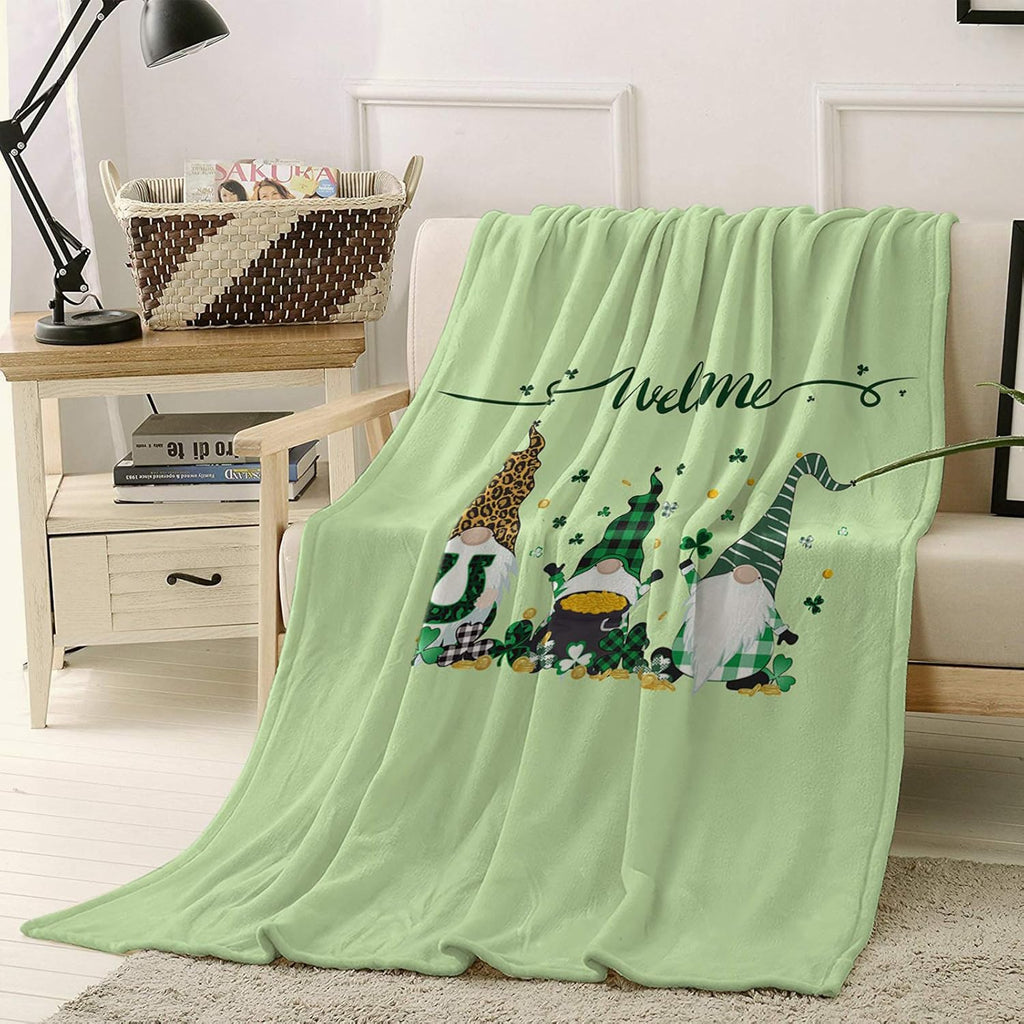 Throw Blanket Shamrock Gnomes St. Patrick's Day Blanket Spring Holiday Decorations Green Check Plaid Golden Coin Lightweight Soft Warm Cozy Blanket and Throws for Couch Bed Sofa 40x50